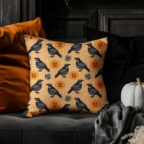 Cute Orange Halloween Crow Pumpkin Pattern  Throw Pillow