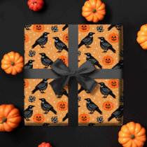 Cute Orange Halloween Crow Pumpkin Pattern  Wrapping Paper