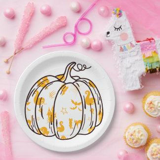 Cute Orange Halloween Icons in Pumpkin Paper Plates