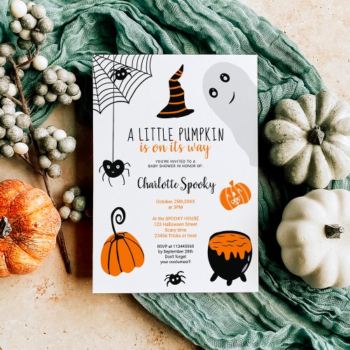 Cute orange Halloween illustrations baby shower Invitation