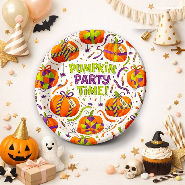 Cute Orange Halloween Pumpkin Party Time Pattern Paper Plates (Creator Uploaded)