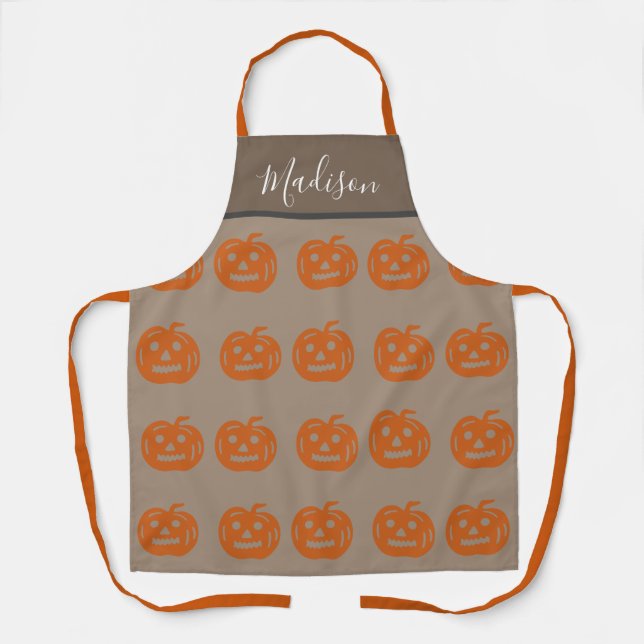Cute Orange Halloween Pumpkins Womens Personalized Apron (Front)