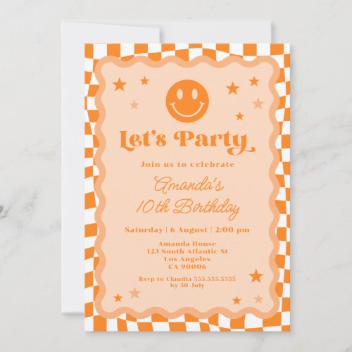 Cute Orange Happy Face Checkered Girl Birthday Invitation