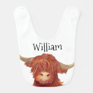 Cute Orange Highland Cow Name   Baby Bib