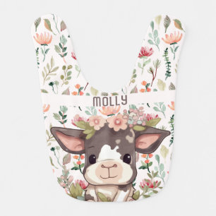 Cute Orange Highland Cow Name floral Baby Bib