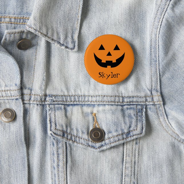 Cute orange Jack o lantern custom name Halloween Button (In Situ)