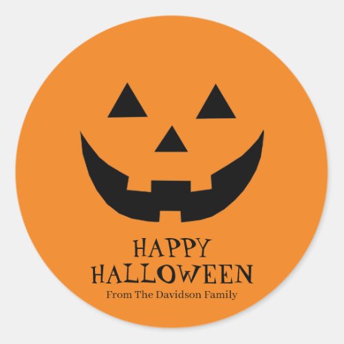 Cute orange Jack o lantern custom text Halloween Classic Round Sticker