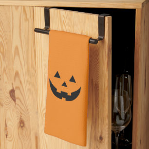 Cute orange jack o lantern pumpkin face Halloween Kitchen Towel