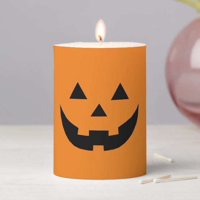 Cute orange jack o lantern pumpkin face Halloween Pillar Candle (In Situ)