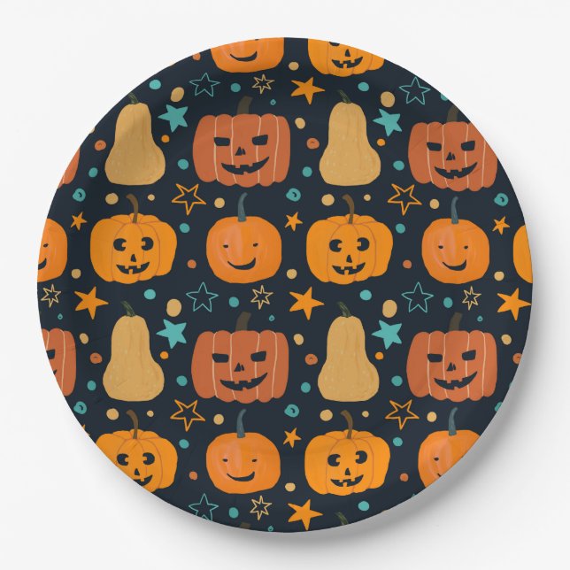 Cute Orange Jack O Lantern Pumpkin Halloween Paper Plates (Front)