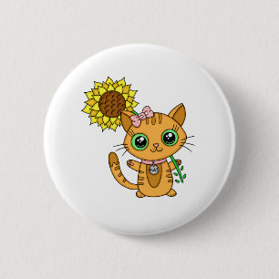 Cute Orange Kawaii Cat with Sunflower Button