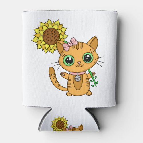Cute Orange Kawaii Cat with Sunflower Can Cooler