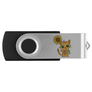 Cute Orange Kawaii Cat with Sunflower Flash Drive