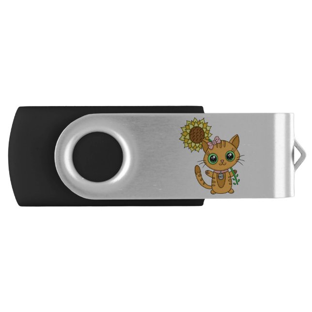 Cute Orange Kawaii Cat with Sunflower Flash Drive (Front)