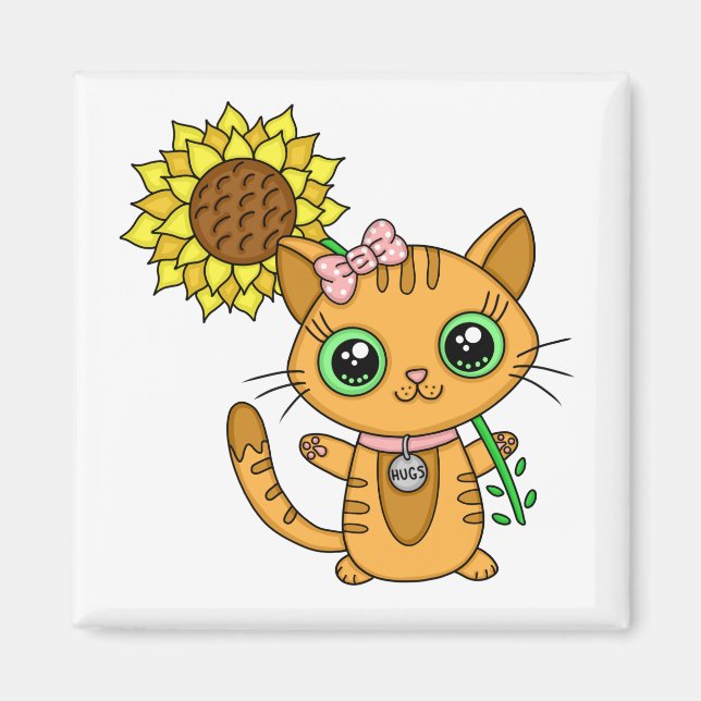 Cute Orange Kawaii Cat with Sunflower Magnet (Front)