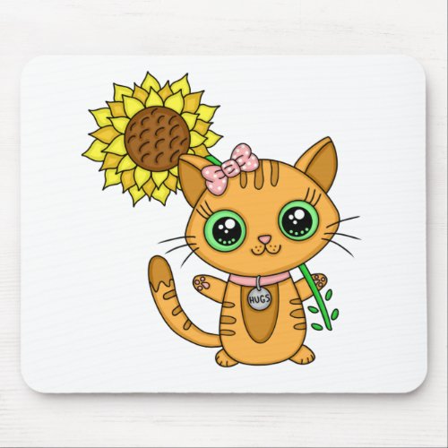 Cute Orange Kawaii Cat with Sunflower Mouse Pad