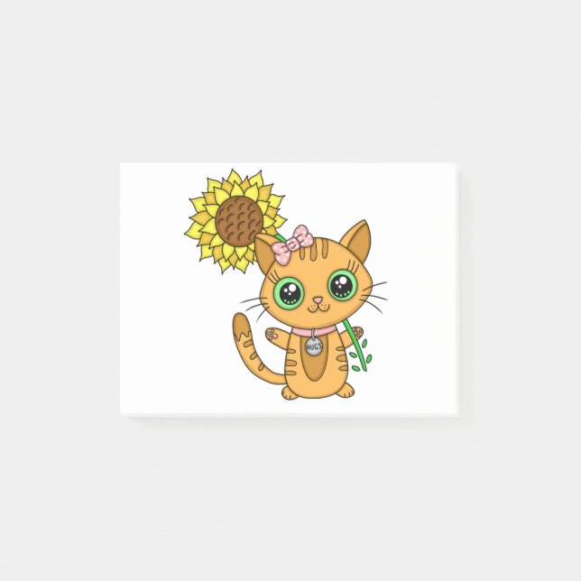 Cute Orange Kawaii Cat with Sunflower Post-it Notes (Front)
