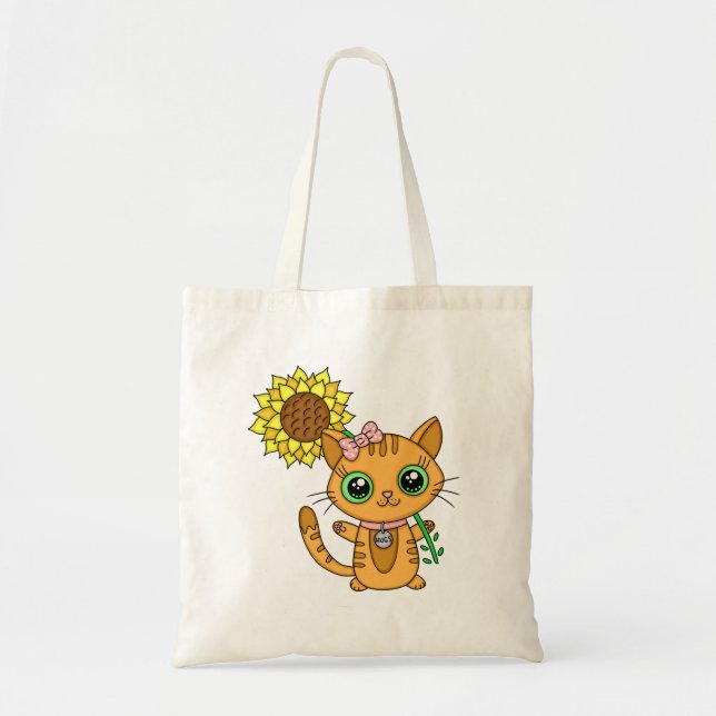 Cute Orange Kawaii Cat with Sunflower Tote Bag (Front)