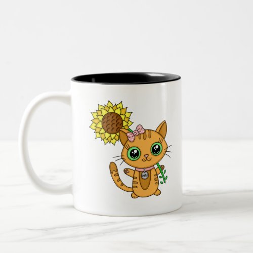 Cute Orange Kawaii Cat with Sunflower Two_Tone Coffee Mug