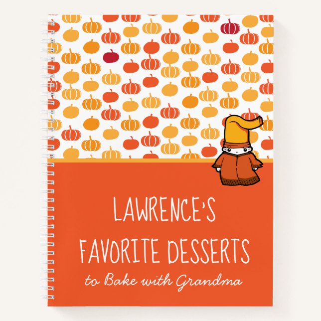Cute Orange Kawaii Pumpkin Pattern Kids Recipe Notebook (Front)