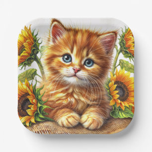 Cute Orange Kitten Among Sunflowers Paper Plates