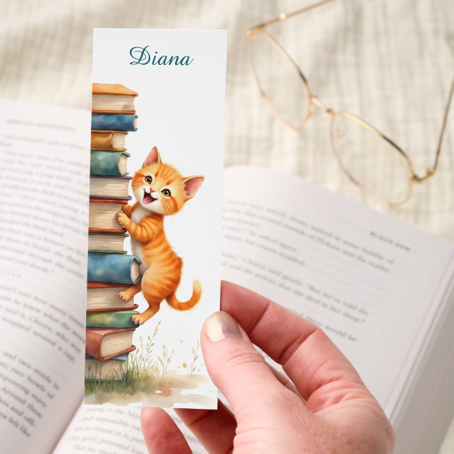 Cute Orange Kitten and Books Personalized Bookmarks (Hand)
