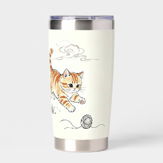 Cute Orange Kitten Playing Yarn Ball Chinese Ink A Insulated Tumbler