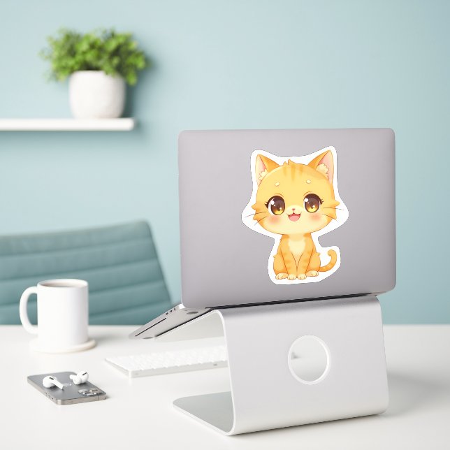 Cute Orange Kitten Sticker (Laptop On Desk)