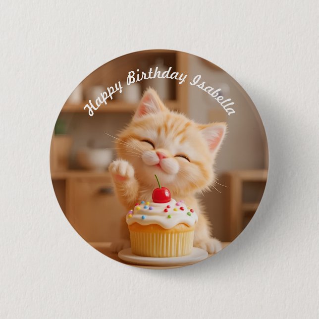 Cute Orange Kitten with a Cupcake Button (Front)