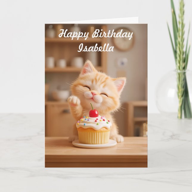 Cute Orange Kitten with a Cupcake Card (Front)