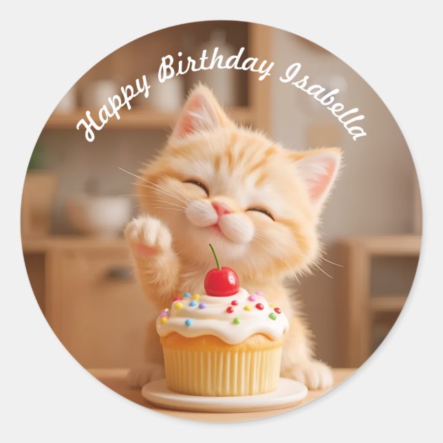 Cute Orange Kitten with a Cupcake Classic Round Sticker (Front)