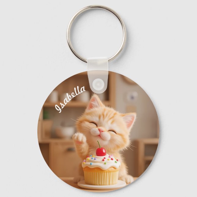 Cute Orange Kitten with a Cupcake Keychain (Front)