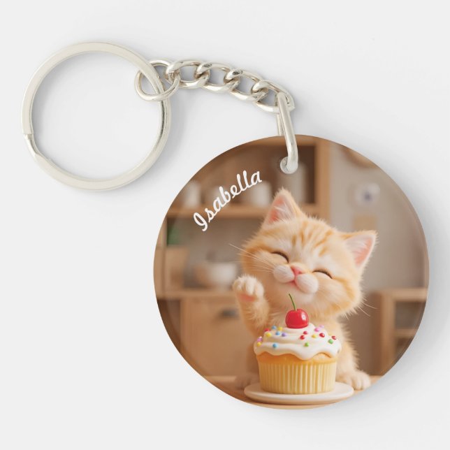 Cute Orange Kitten with a Cupcake Keychain (Front)