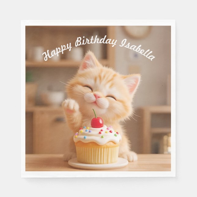 Cute Orange Kitten with a Cupcake Napkins (Front)
