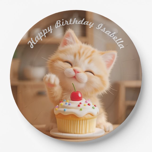 Cute Orange Kitten with a Cupcake Paper Plates (Front)