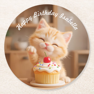 Cute Orange Kitten with a Cupcake Round Paper Coaster