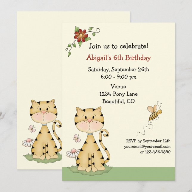 Cute Orange Kitty Cat and Flowers Birthday Invitation (Front/Back)
