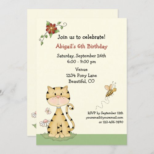 Cute Orange Kitty Cat and Flowers Birthday Invitation