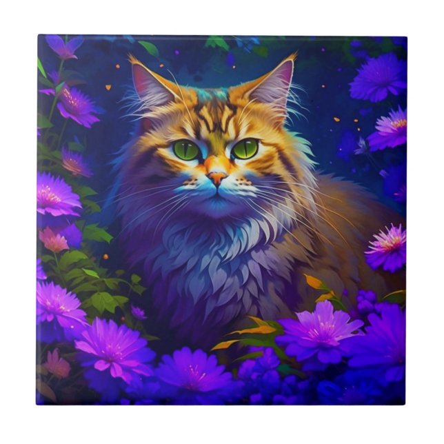 Cute Orange Kitty Cat in Flowers Ceramic Tile (Front)