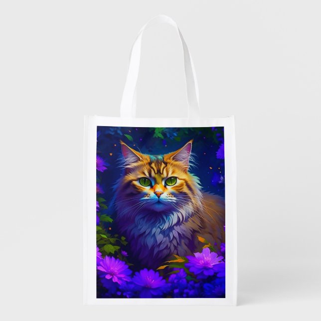 Cute Orange Kitty Cat in Flowers Grocery Bag (Front)