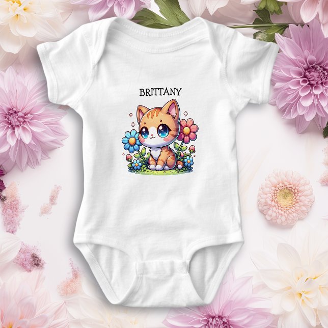 Cute  Orange Kitty Cat in Flowers Personalized Baby Bodysuit (Creator Uploaded)