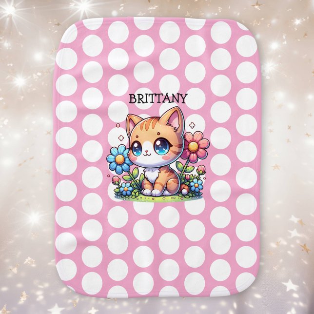 Cute  Orange Kitty Cat in Flowers Personalized Baby Burp Cloth (Creator Uploaded)