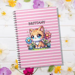 Cute Orange Kitty Cat in Flowers Personalized Notebook