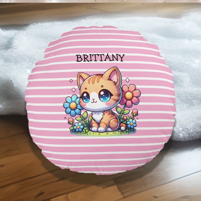 Cute  Orange Kitty Cat in Flowers Personalized Round Pillow (Creator Uploaded)