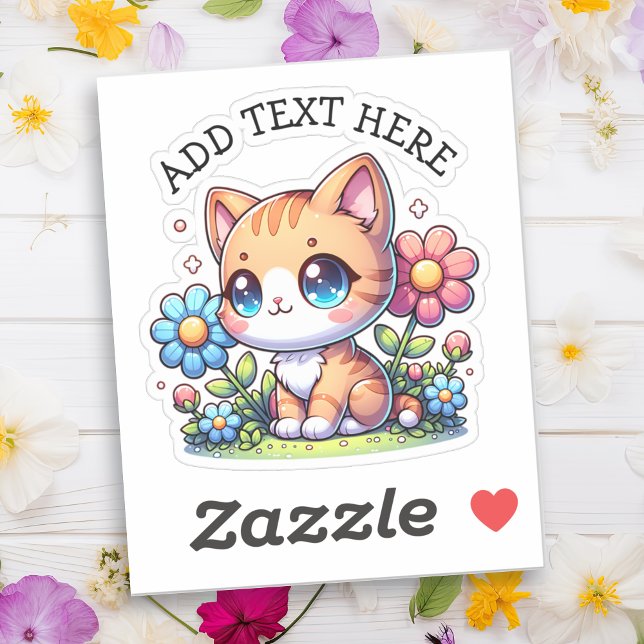 Cute  Orange Kitty Cat in Flowers Personalized Sticker (Creator Uploaded)