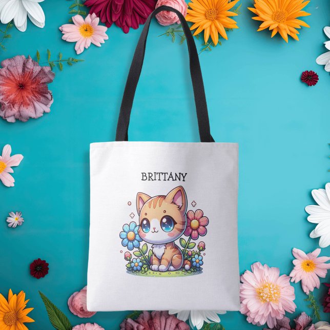 Cute  Orange Kitty Cat in Flowers Personalized Tote Bag (Creator Uploaded)
