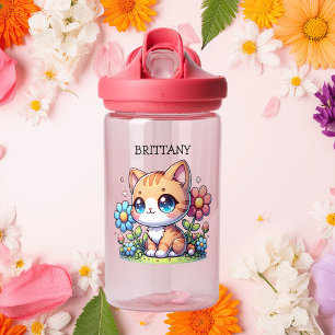 Cute Orange Kitty Cat in Flowers Personalized Water Bottle