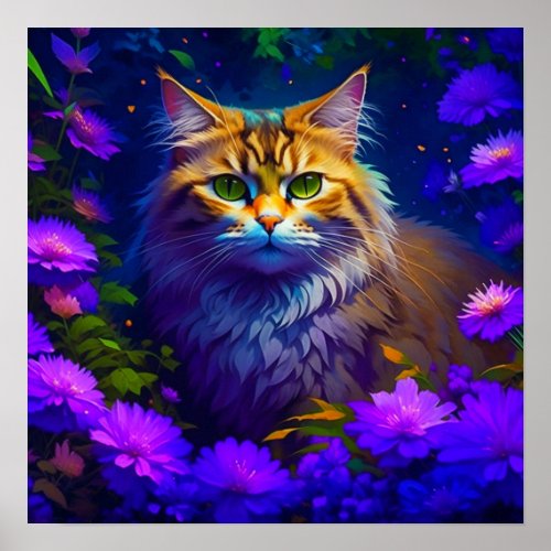 Cute Orange Kitty Cat in Flowers Poster