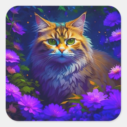 Cute Orange Kitty Cat in Flowers Square Sticker