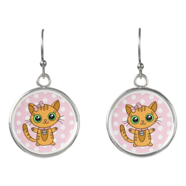 Cute Orange Kitty Cat pink Polka Dot Earrings (Front)